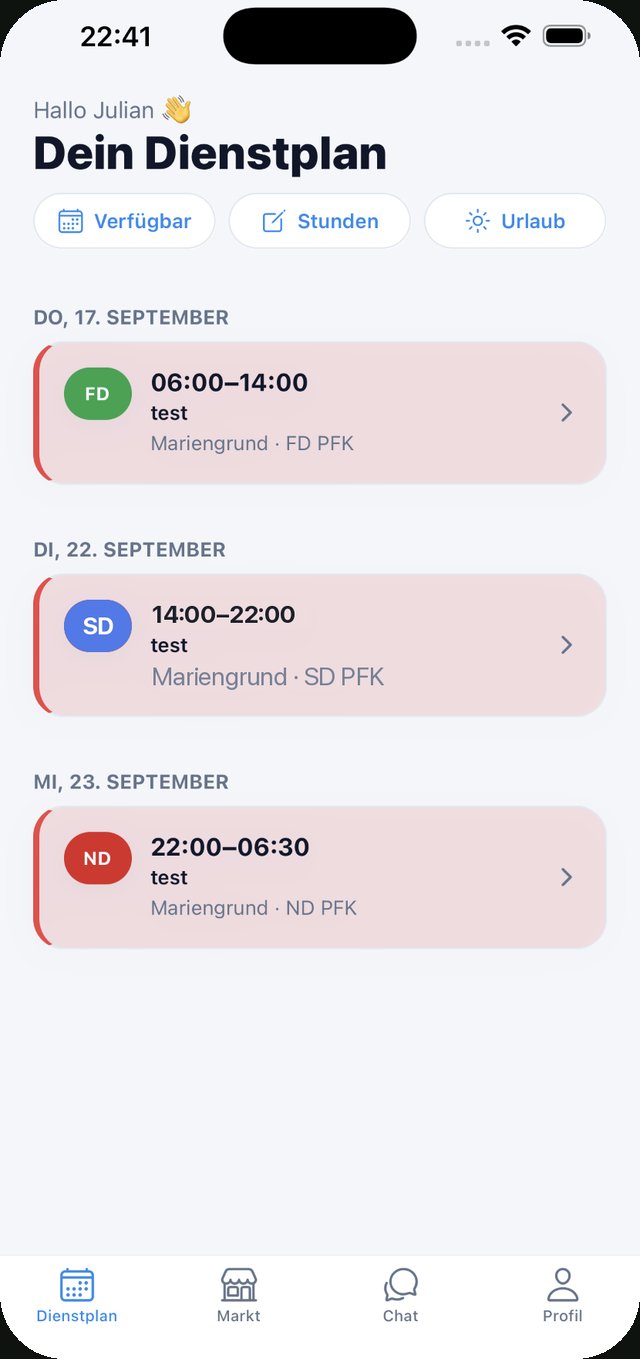 Sedona-App: Dienstplan mit Früh-, Spät- und Nachtdiensten