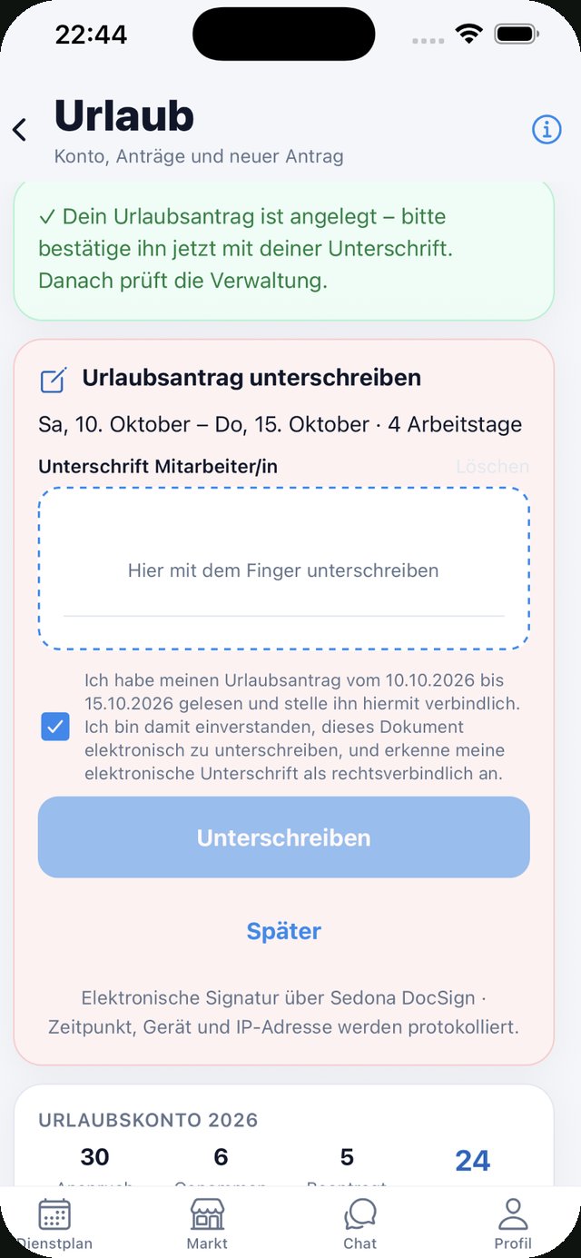 Sedona-App: Urlaubsantrag mit dem Finger unterschreiben