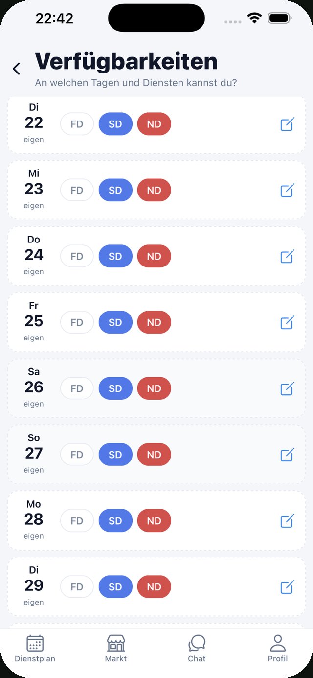 Sedona-App: Verfügbarkeiten je Tag mit FD, SD und ND