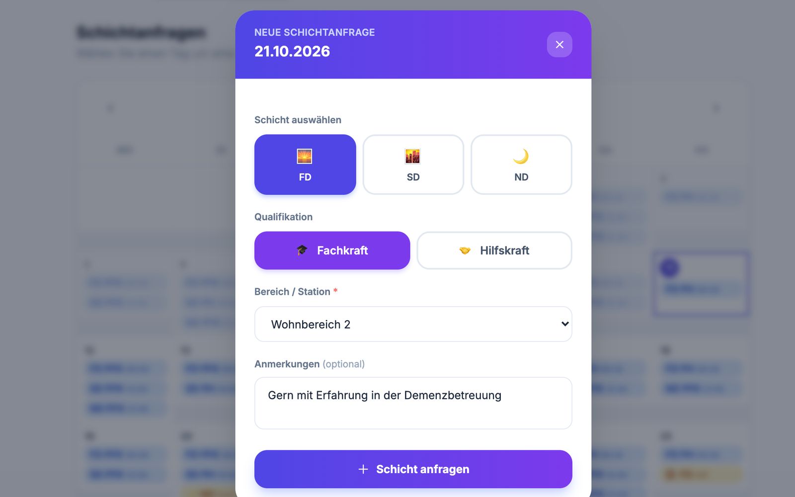 Kundenportal: neue Schichtanfrage mit Auswahl Frühdienst, Fachkraft und Wohnbereich