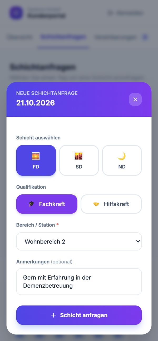 Kundenportal: neue Schichtanfrage mit Auswahl Frühdienst, Fachkraft und Wohnbereich