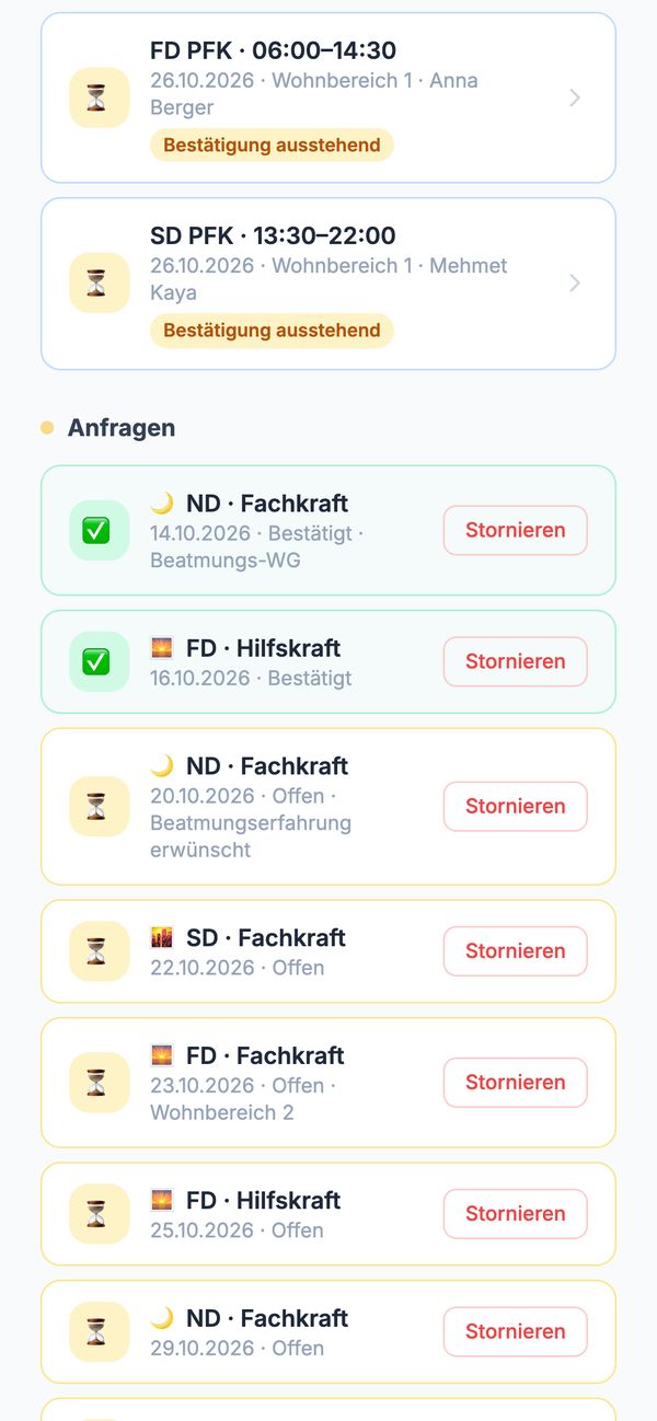 Kundenportal: Übersicht der Schichtanfragen mit Status und Stornieren-Knopf