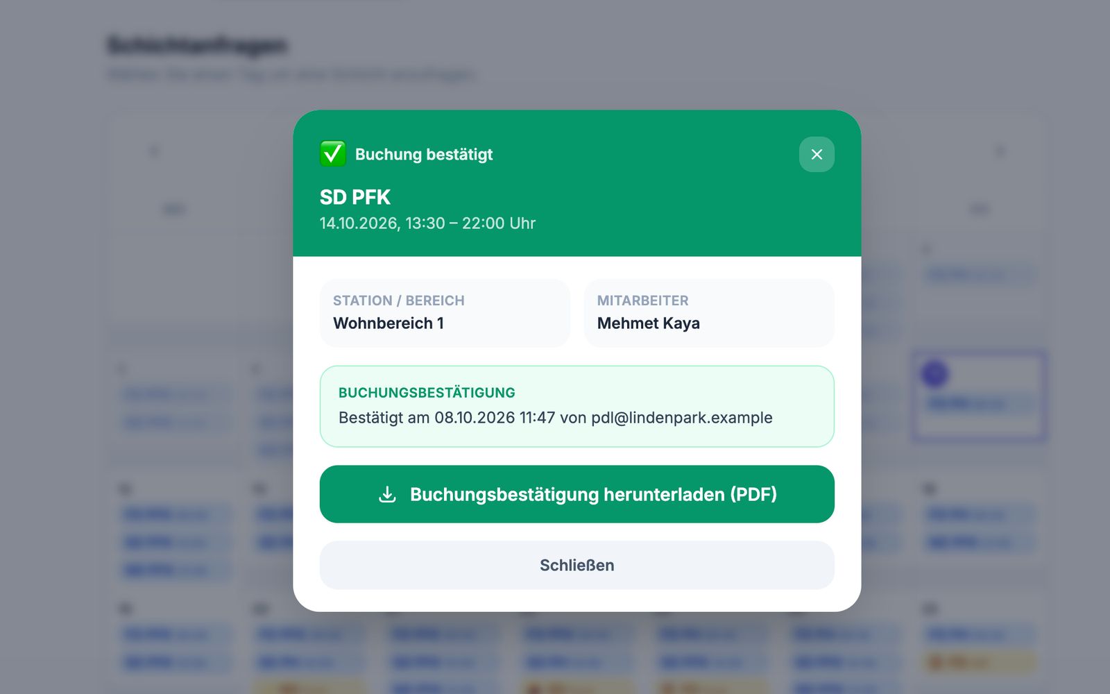 Kundenportal: bestätigte Buchung mit Download der Buchungsbestätigung als PDF