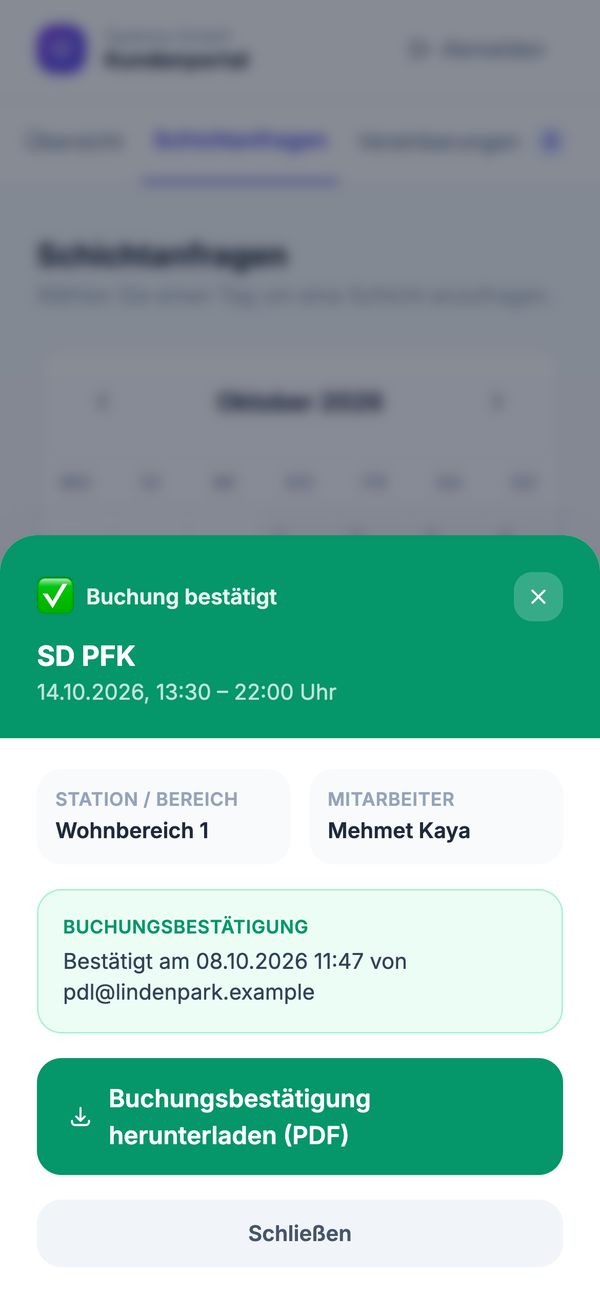 Kundenportal: bestätigte Buchung mit Download der Buchungsbestätigung als PDF