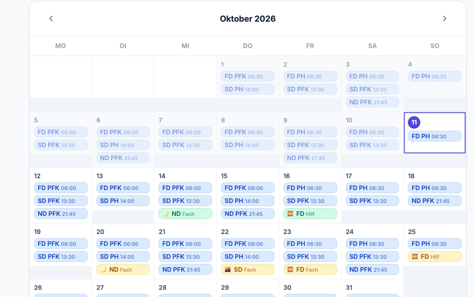 Kundenportal: Monatskalender mit geplanten Früh-, Spät- und Nachtdiensten
